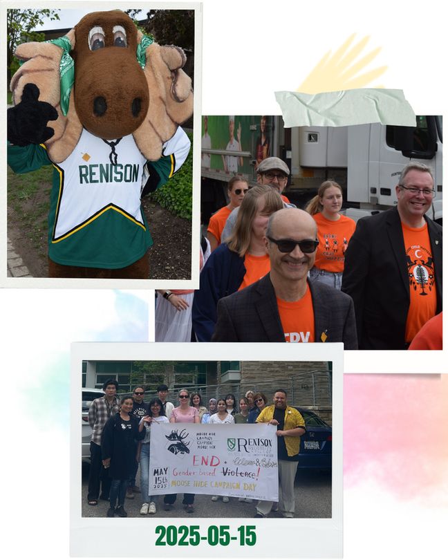 Picture of Reni moose wearing vegan moose hide pin. Throwback pictures of our Renison community part taking in the moose hide campaign day walk and National Day for Truth and Reconciliation.
