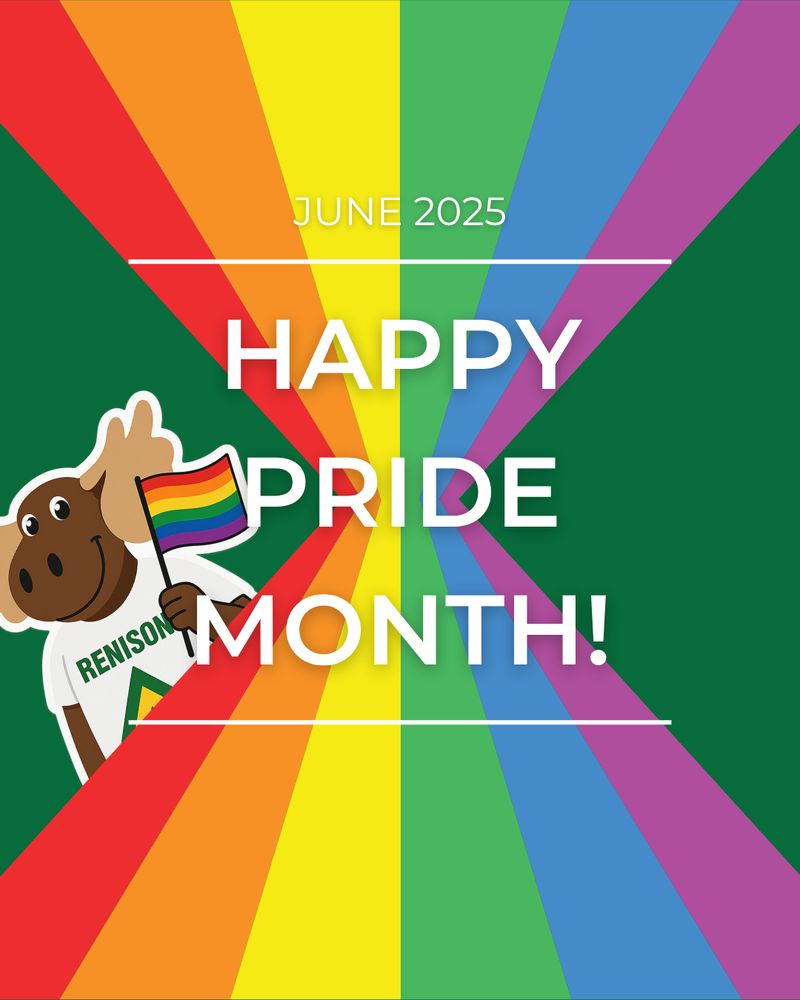 Cartoon of Reni Moose holding the pride flag wishing you all a happy pride month.