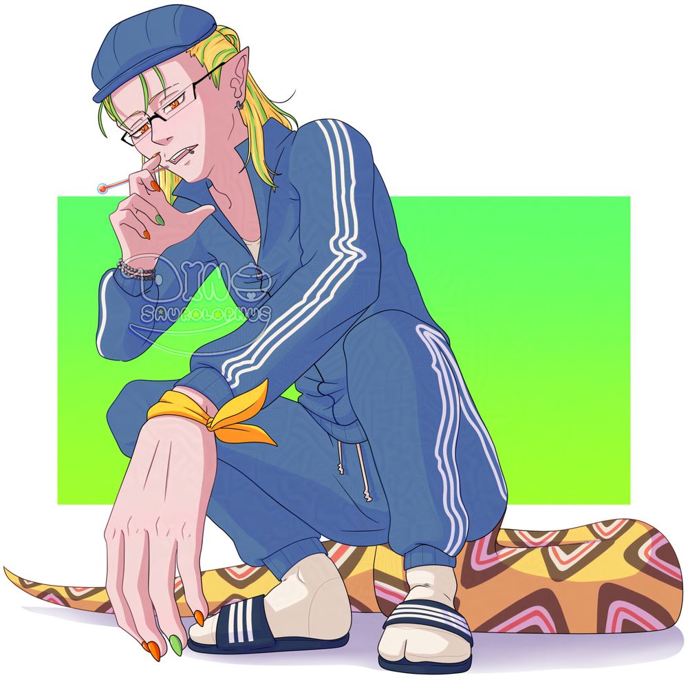 A man in a blue tracksuit, with a snake tail an pointy ears is squatting and holding a thermometer like a cigarette.
