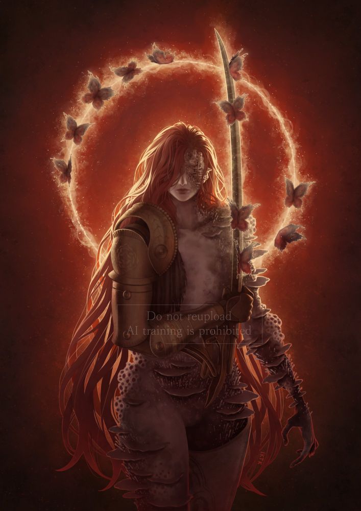 drawing of malenia elden ring imagined with more advanced rot than her in-game design. she holds her sword over her chest and upright, its glow joining a golden ring behind her to resemble her great rune. aeonian butterflies decorate the ring and her sword