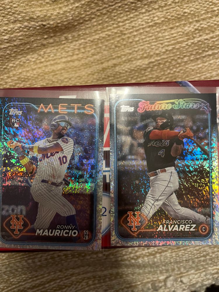 Two chrome baseball cards, Ronny Mauricio and Francisco Alvarez of the New York Mets