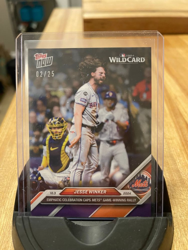 Topps Now baseball card of Jesse Winker celebrating in the 2024 Wild Card round Game 3 of Mets vs Brewers in Milwaukee.