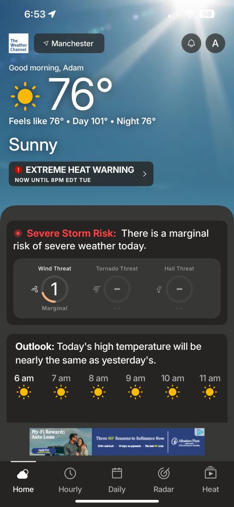 A screenshot of the weather channel app showing the current temperature at 6:53 am of 76 degrees, with a high of 101 for the day. 