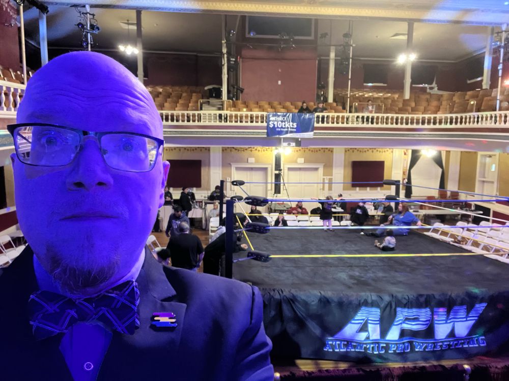 Suited up and ready to ring announce for Atlantic Pro Wrestling at the historic Rochester Opera House