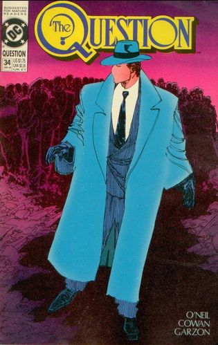 The Question, Issue 34 by DC Comics. The character of The Question is standing, faceless, in a blue overcoat and blue hat, wearing a business suit. 