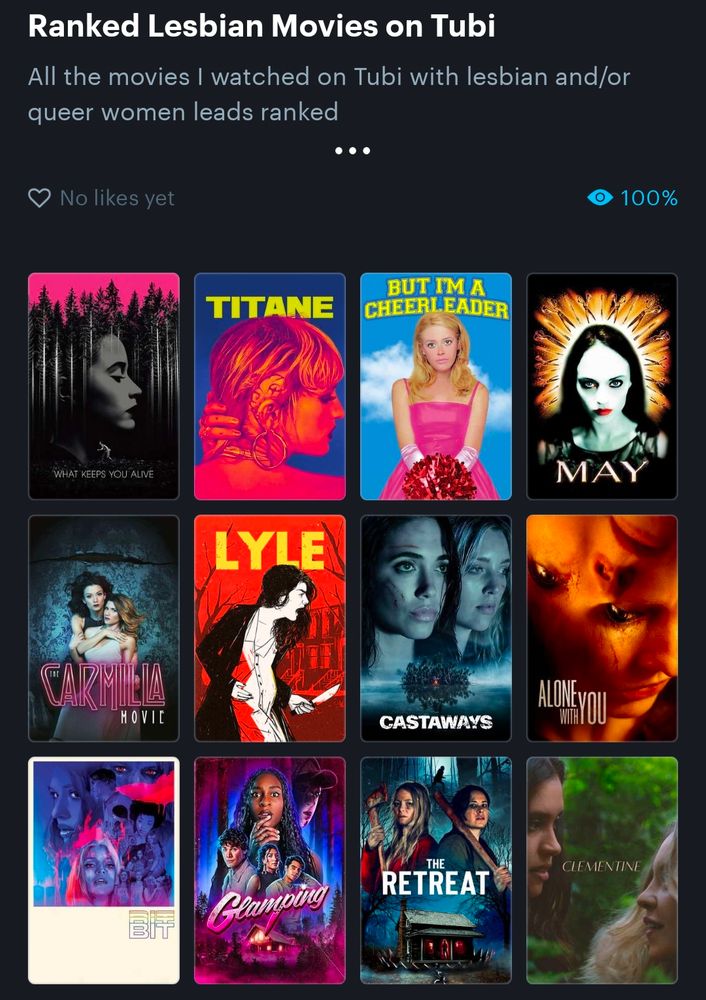 Letterboxd List screenshot 
Ranked Lesbian Movies on Tubi
All the movies I watched on Tubi with lesbian and/or queer women leads ranked
What Keeps You Alive
Titane
But I'm a Cheerleader 
May
The Carmilla Movie 
Lyle
Castaways
Alone With You
Bit 
Glamping 
The Retreat
Clementine 
