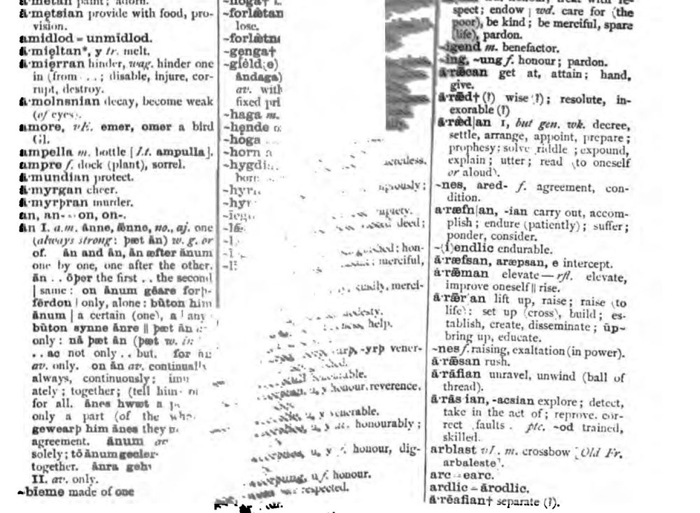 Clip of dictionary page, with crucial column blurred and unreadable.