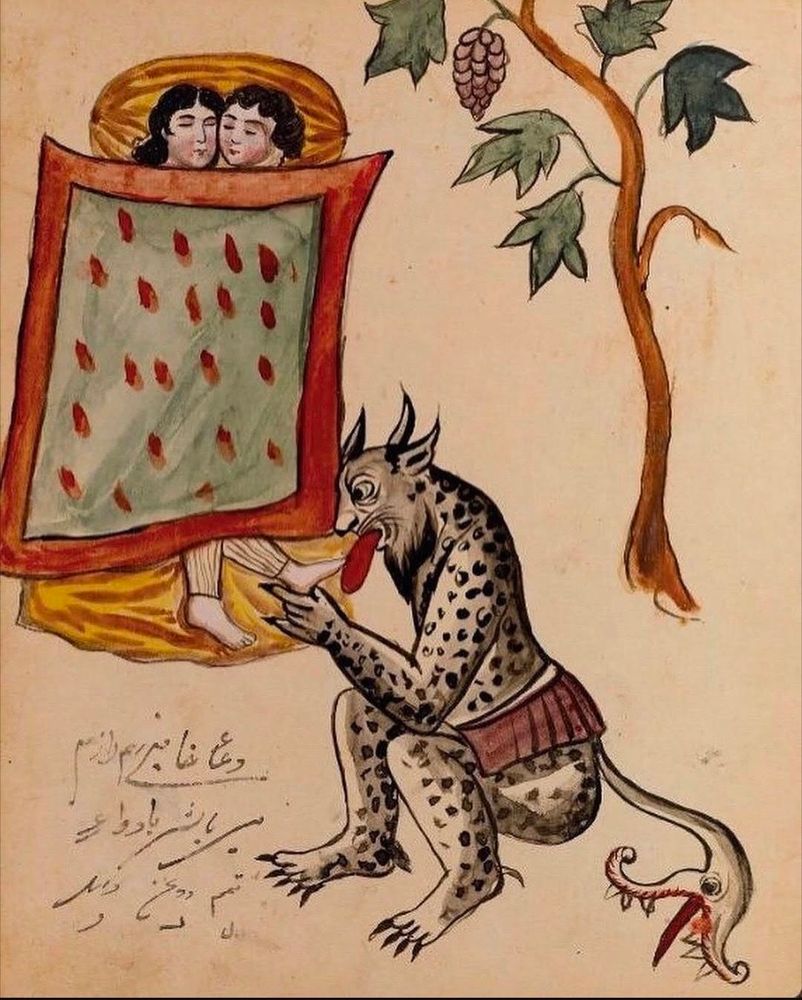 Early 20th century illustration of a demon licking the toes of a sleeping person. Another sleeping person is cuddled up to the first one.