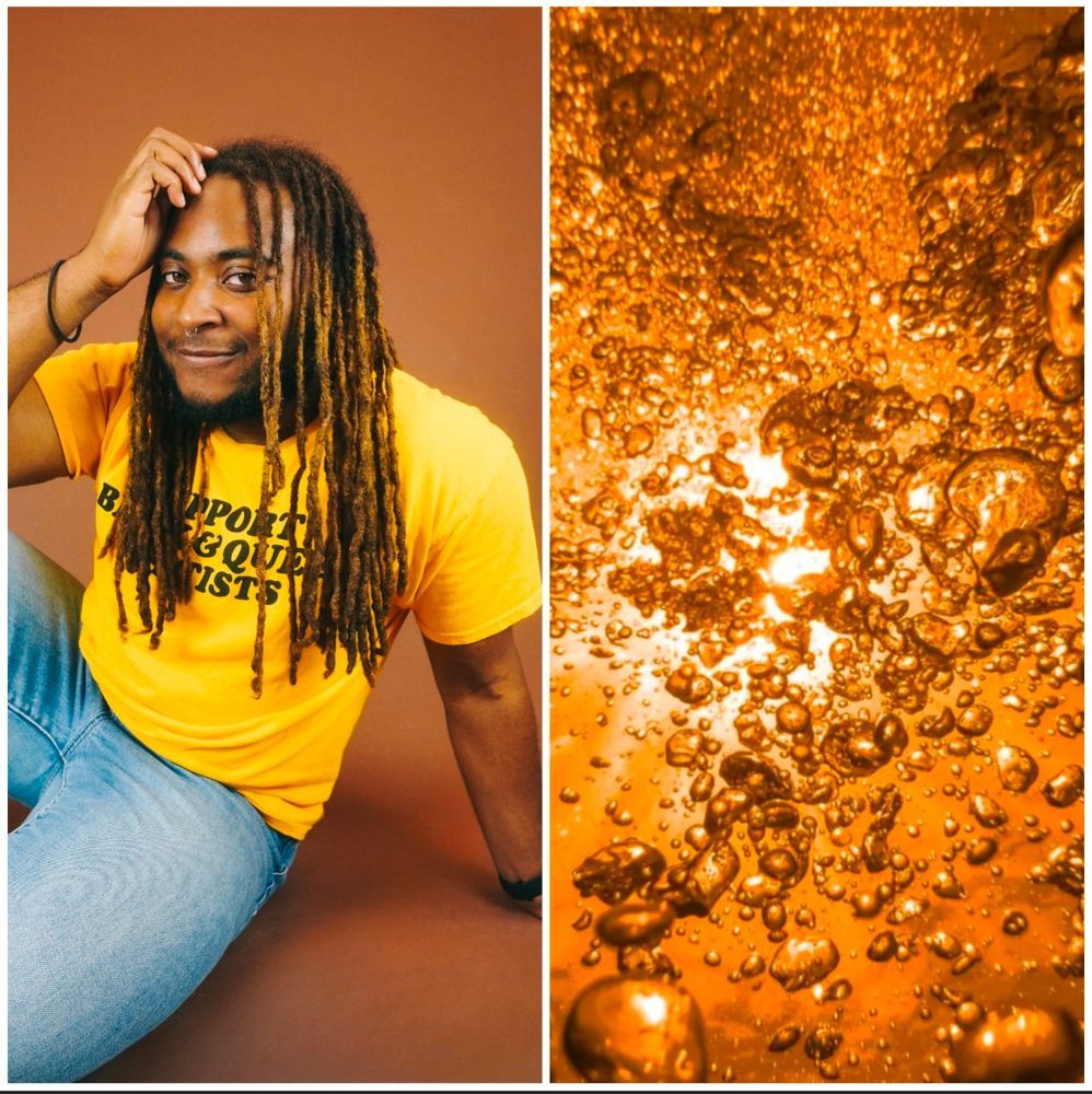 A photo of KB on the left, a Black non-binary person with long hair and a yellow shirt, smiling. On the right, a photo of bubbly honey.