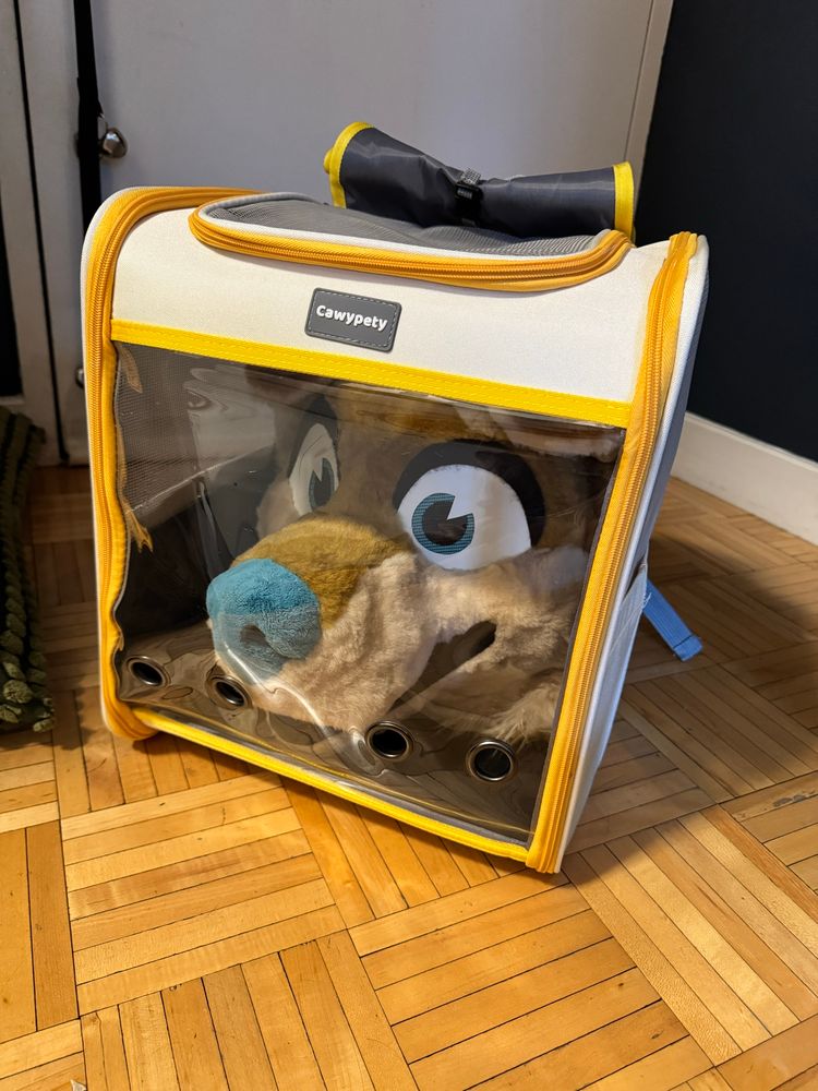 Golden retriever fursuit head in a yellow box shaped pet carrier that has vinyl plastic to create a window that can display the head prominently.
