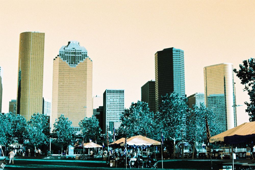 city of Houston photographed with turquoise shifted film