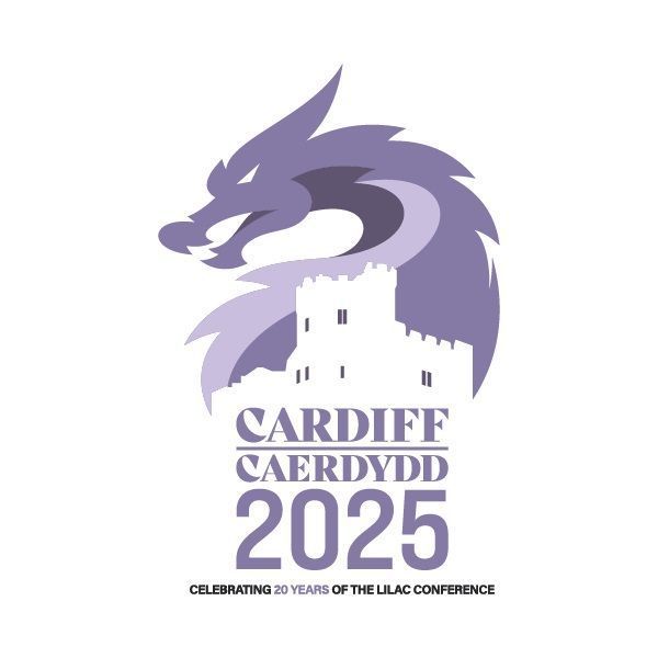 The logo for the LILAC 2025 conference. The large text says Cardiff/ Caerdydd 2025. The small text below this says Celebrating 20 years of the LILAC conference. Above the text is an illustration of a dragon in light and dark shades of purple. Embedded in the body of the dragon is an outline of Cardiff Castle.