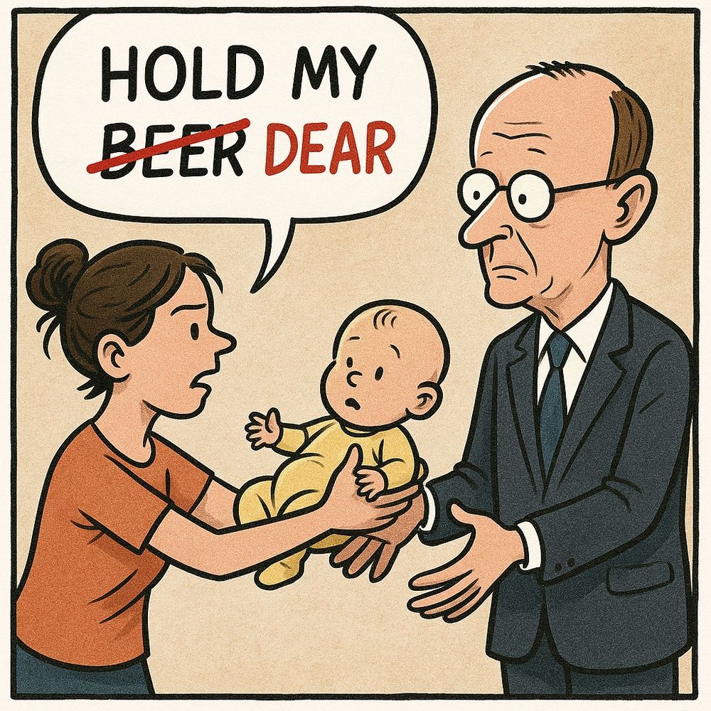 Merz bekommt ein Baby überreicht mit den Worten hold my beer (durchgestrichen ) dear.