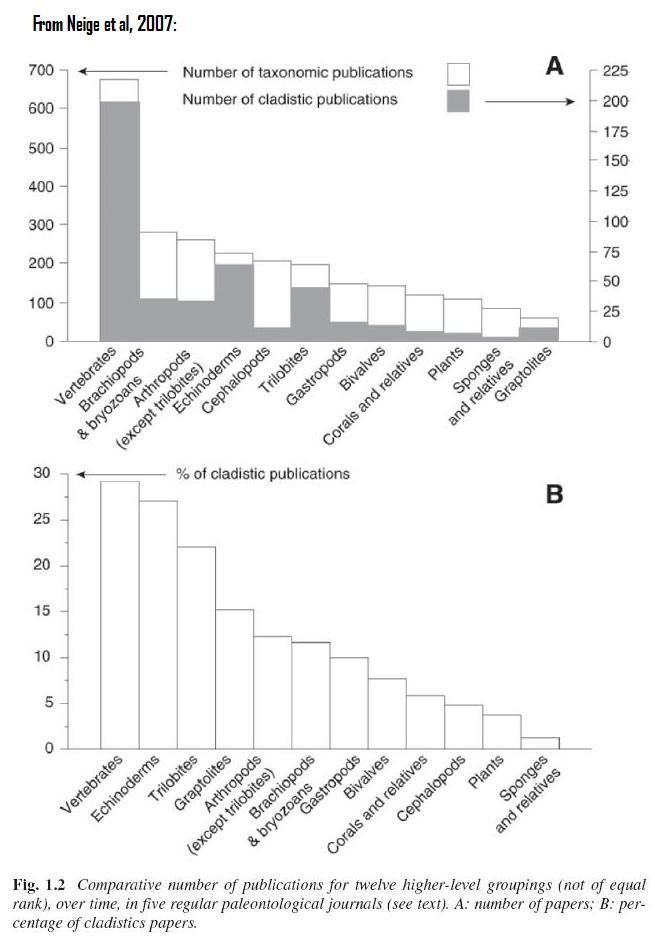 Two bar charts from Neige et al., 2007, showing the amount of taxonomic work in the fossil record of a given invertebrate group, and the amount of cladistic/phylogenetic work, with the take-away being that cephalopods are relatively ignored for phylogenetics.