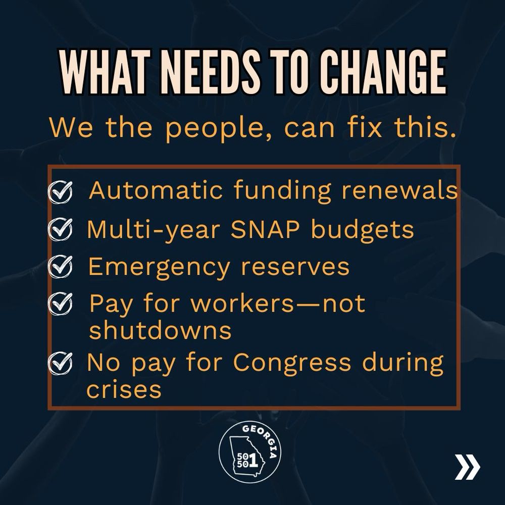 Slide 4. What Needs to Change, We the people, can fix this.
Automatic funding renewals
Multi-year SNAP budgets
Emergency reserves
Pay for workers—not shutdowns
No pay for Congress during crises