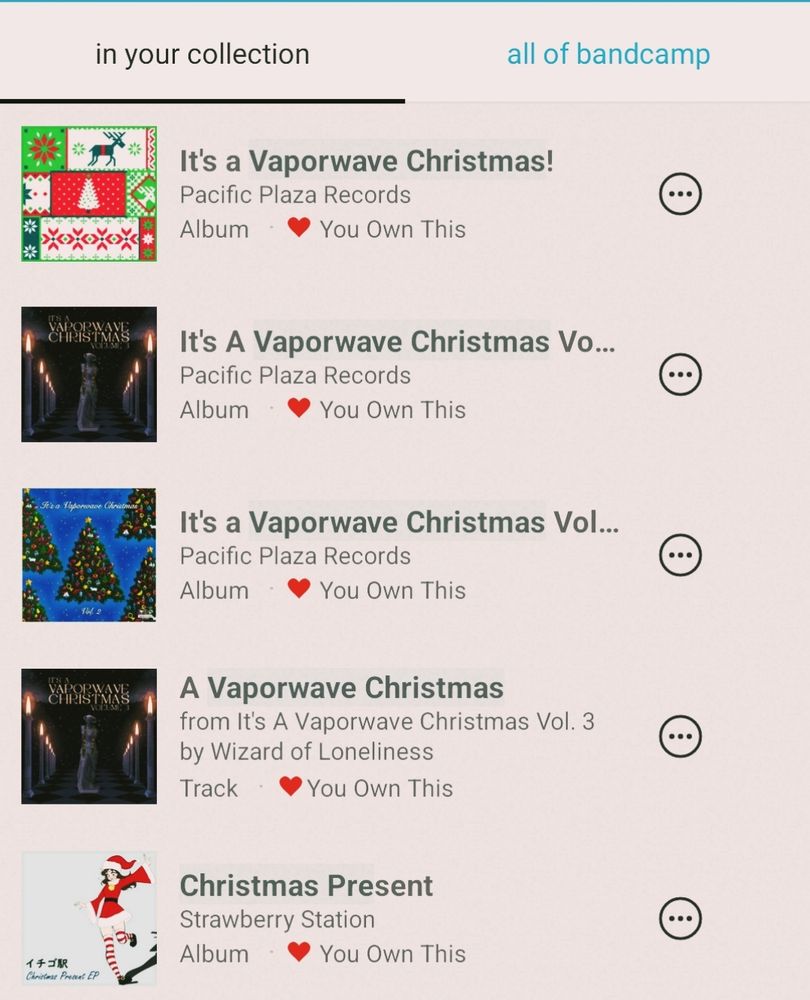 A shot of a Bandcamp purchased collection - and all of the selected items are vaporwave christmas songs and collections.