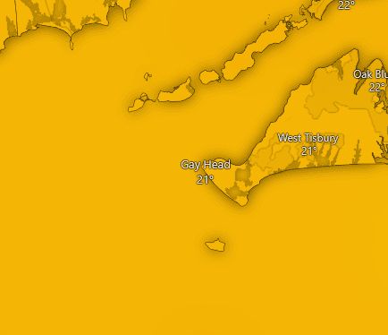 A map of the islands south of Boston, Massachusetts centered around "Gay Head." It is 21 degrees celcius there.