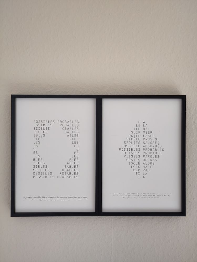 Two minimalist typographic posters in black frames hanging side by side on a light textured wall. The left poster arranges the French words “POSSIBLES” and “PROBABLES” in a tall, symmetric letter pattern that narrows toward the center, then widens again, with a small explanatory line of text at the bottom. The right poster forms a similar vertical pattern from fragmented French words and phrases, also ending with a small explanatory line of text. Design by LAb[au]