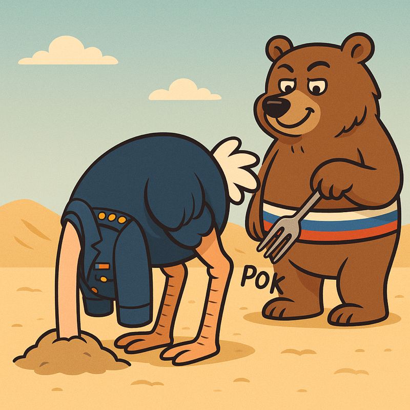 prompt used: "draw a cartoonish style ostrich dressed as a NATO commander, with her head in the sand, while a russian bear in the background is quietly poking her butt with a fork to test her tenderness."