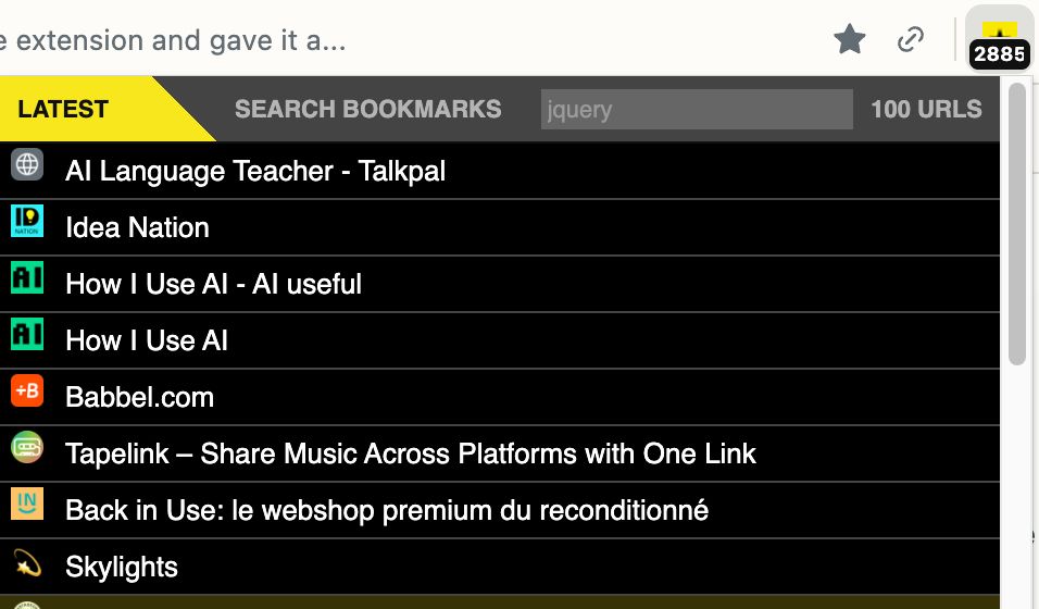 A screenshot of a digital bookmark management interface, showcasing a list titled "LATEST" and a search bar for searching bookmarks by keyword, such as "jquery". The main section displays several bookmarked entries with logos or icons.
