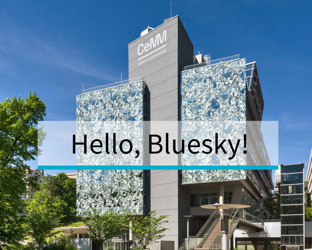 CeMM building in Vienna with a banner that reads "Hello, Bluesky!"