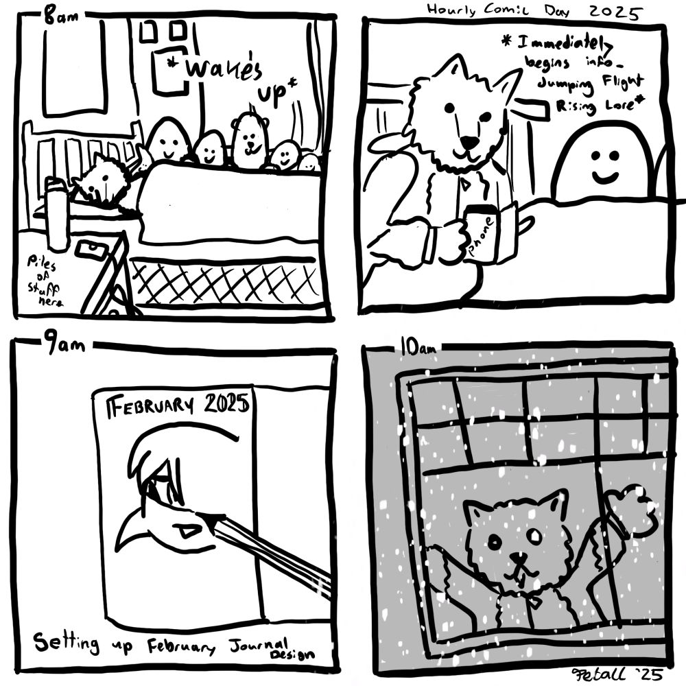 A comic. The first panel shows a Samoyed person waking up. The second panel shows the same Samoyed person awake in bed and typing on their phone. The third panel shows an in-progress drawing of Kitsunami the Fennec on a journal page. The third panel shows the Samoyed person looking out the window. Snow is falling and the Samoyed person has their hands in the air and an excited expression.