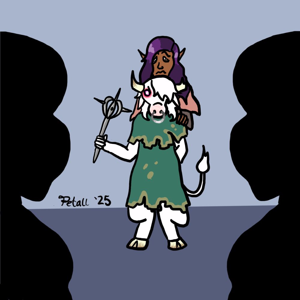 A digital drawing of an elf ranger hiding behind a minotaur. In front of them are silhouettes of two giant babies, which are what the elf is hiding from. The minotaur's visible eye is glowing and is raising a mace.