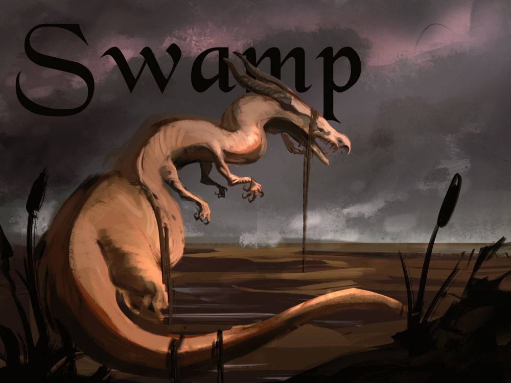 A painting of a serpentine swamp dragon, emerging from the water