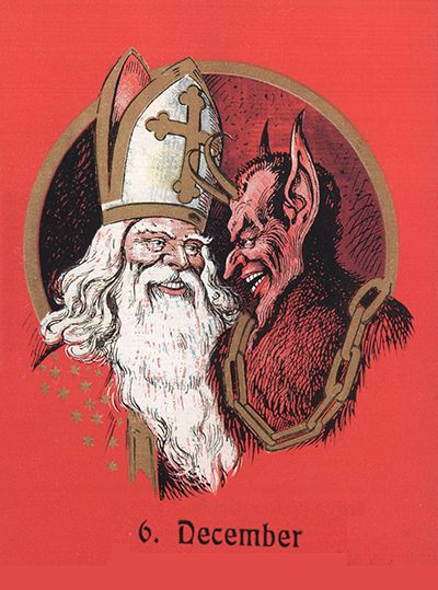 Un dessin de Saint-Nicolas et Krampus, un démon associé en Autriche (et autres pays).