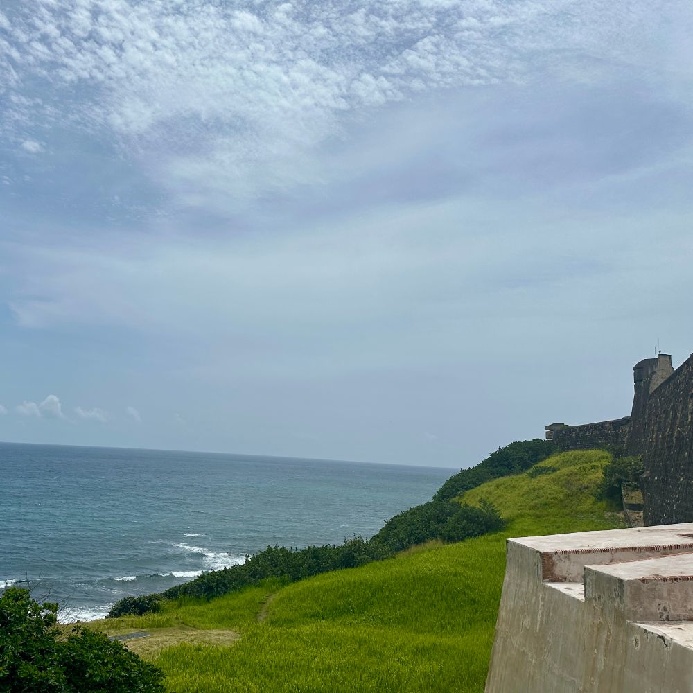 A photograph over a cliff near the fortress Bastión de San Sebastian in San Juan, Puerto Rico. The grass of the cliff is a vibrant green with dark green foliage. The sky is clear and a pale blue. The ocean is calm and a medium blue color. The edge of the brick fortress is barely visible along the right edge of the photograph. 