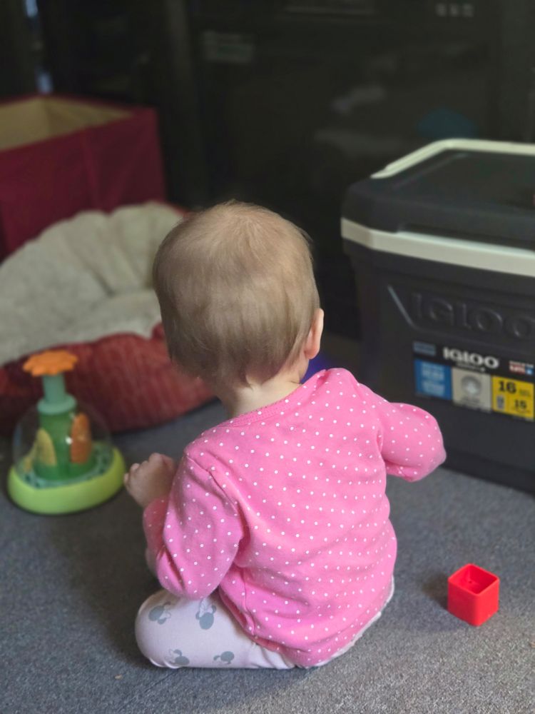 Photo of a baby, with her back to the camera, playing with toys.