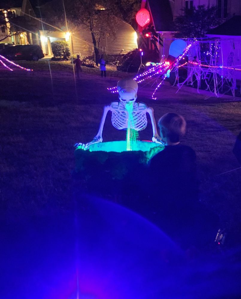 My youngest child watching a puking skeleton. It's actually a fountain. 
