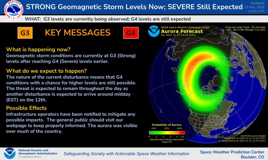 Graphic from the space weather institute prediction center that says that G3 conditions are happening now after G4 was observed overnight.  G4 conditions will continue to be possible overnight, and this is a warning by infrastructure management to mitigate possible impacts. 
