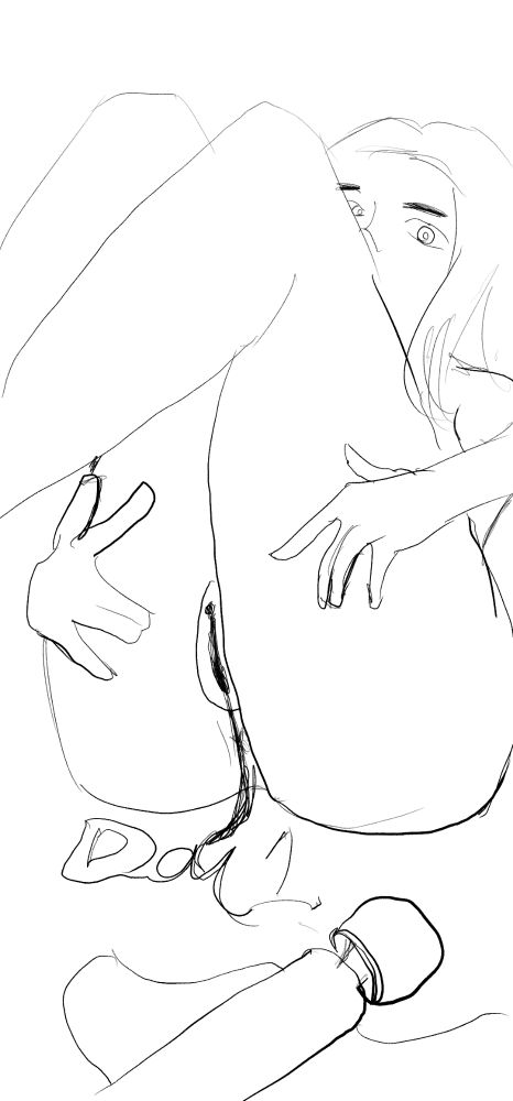 Illustration of a girl spreading her coochie lips open with a vibrator on the floor. Celebrating Porn4Phone Day 1.