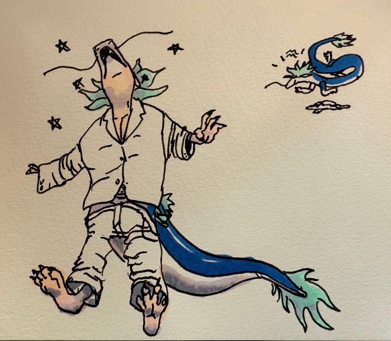 A man transforming into a noodle dragon, the limbs are somewhat smaller than the pant legs and sleeves. Appears somewhat euphoric.

Then off in the distance is a smiling floaty noodle dragon with a pile of clothes on the floor