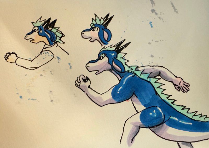 Now he is running, and is at various stages of transformation. The last one still has a pink human hand visible. Inconsistent anatomy enhances the fun.

Cobalt blue with purple shadows on the white fur. I've settled on this palette generally for this character