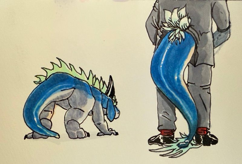 The same character, in various stages of transformation, one is on all fours, view from behind. And the other is in a gray business suit with red important looking socks.

A cobalt blue tail has burst through and is touching the floor. View from behind from shoulder down. He is probably on an elevator and might be unaware of the tail.