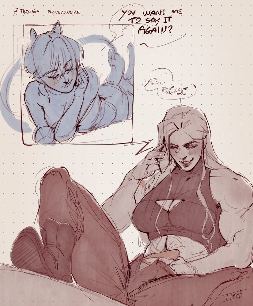 drawing depicts Marii and Otti and they have separate panels showing they're on a phone call. Where Otti is indulging Mariis fantasy. drawing is a sketch.
