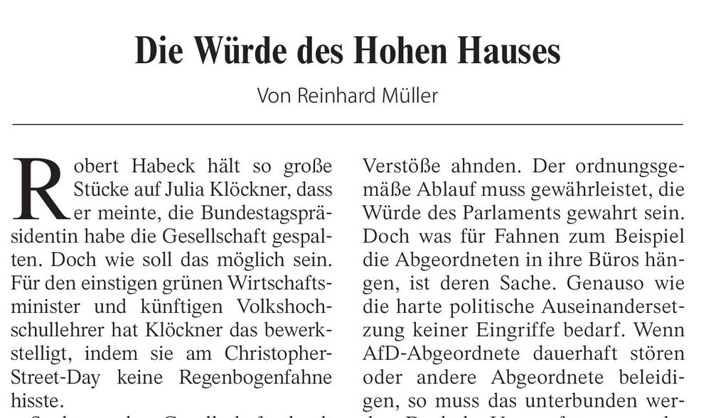 Leitartikel die würde des hohen hauses von reinhard müller, robert habeck ist ein kümnftiger volkshochschulllehrer