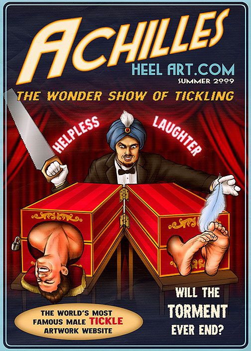 A drawing in the style of a vintage magic poster of a magician in a turban who has trapped a sexy man in one of those boxes where you "saw the person in half". The man's head is sticking out and he is laughing hysterically. On the other side of the box the magician is using a feather to tickle his reactive bare feet. 