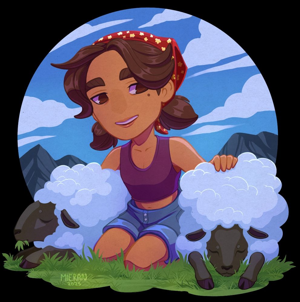 Digital chibi-style drawing of a woman with pigtails sitting in a grassy field with two sheep lying next to her. There's mountains and a cloudy sky in the background.