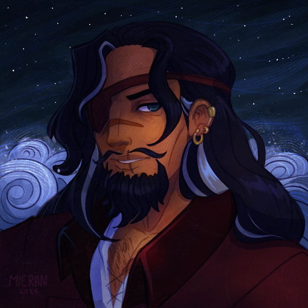 Digital sketch portrait of a smug looking man with long black hair, a beard and a moustache, wearing an eye patch. His face is covered in scars.
The background is a starry night with raging ocean waves.