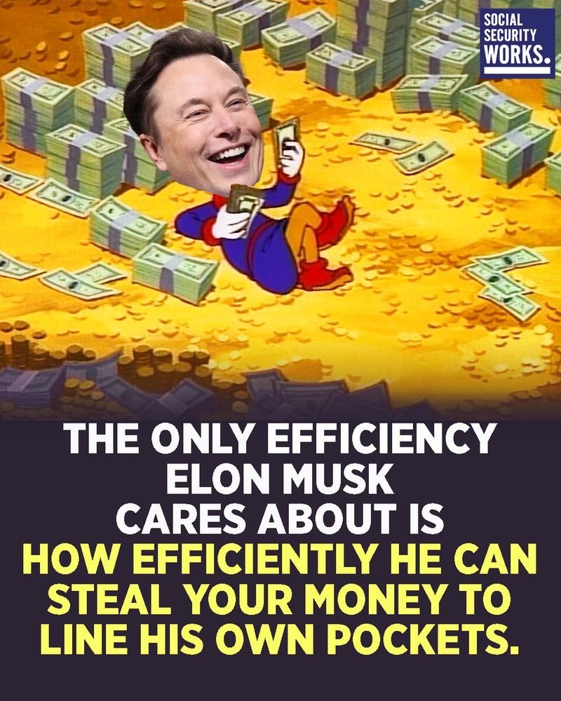 A graphic with an image of Elon Musk's head superimposed over Scrooge McDuck's body on a pile of gold and cash. The text says, 