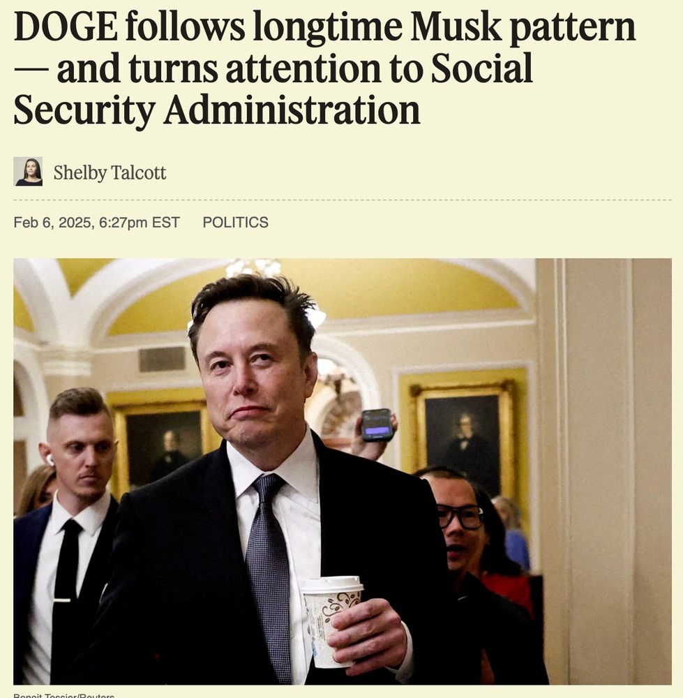 Semafor screenshot reading "DOGE follows longtime Musk pattern - and turns attention to Social Security Administration"