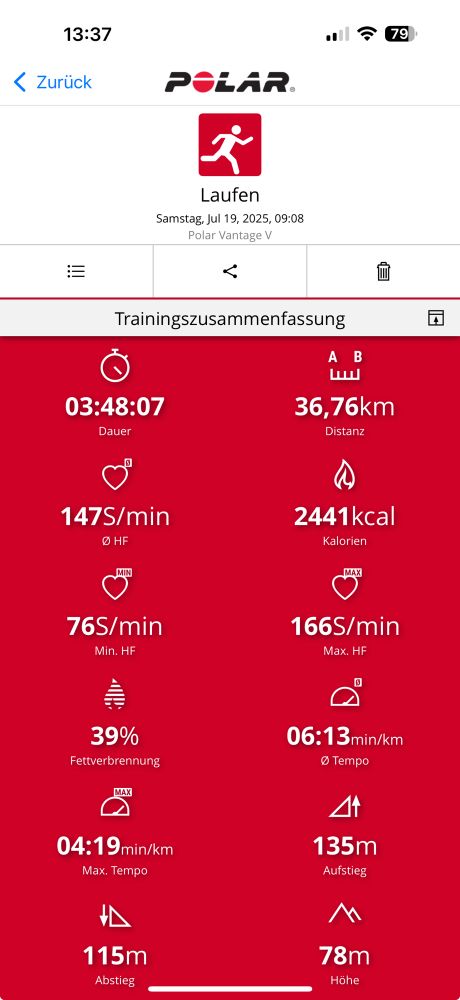 Polar Darstellung eines Trainingsergebnisses für einen Lauf mit diversen Daten. Insgesamt 36,76 km mit einer Pace von 06:13.