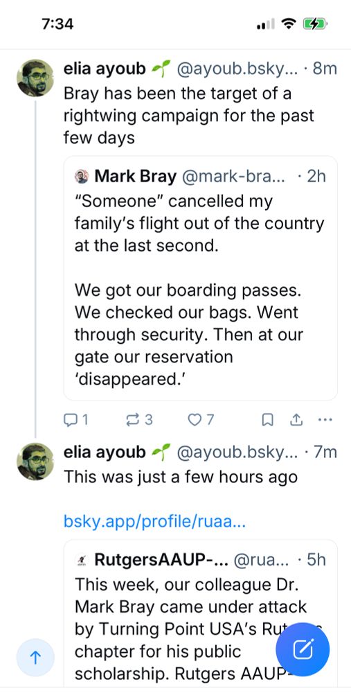 Bluesky entries describing Dr. Bray and family finding their flights out of the US mysteriously cancelled at the last minute.