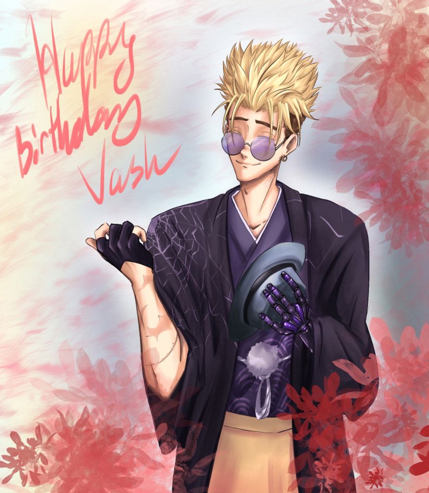 drawing of Vash the Stampede wearing his 2nd studio orange new year's art kimono and glasses but he's holding the hat from the first one because I'm attached to it. The background is like kind of a mess of colors honestly, but it has red flower stamps like he's walking through some flowering trees.