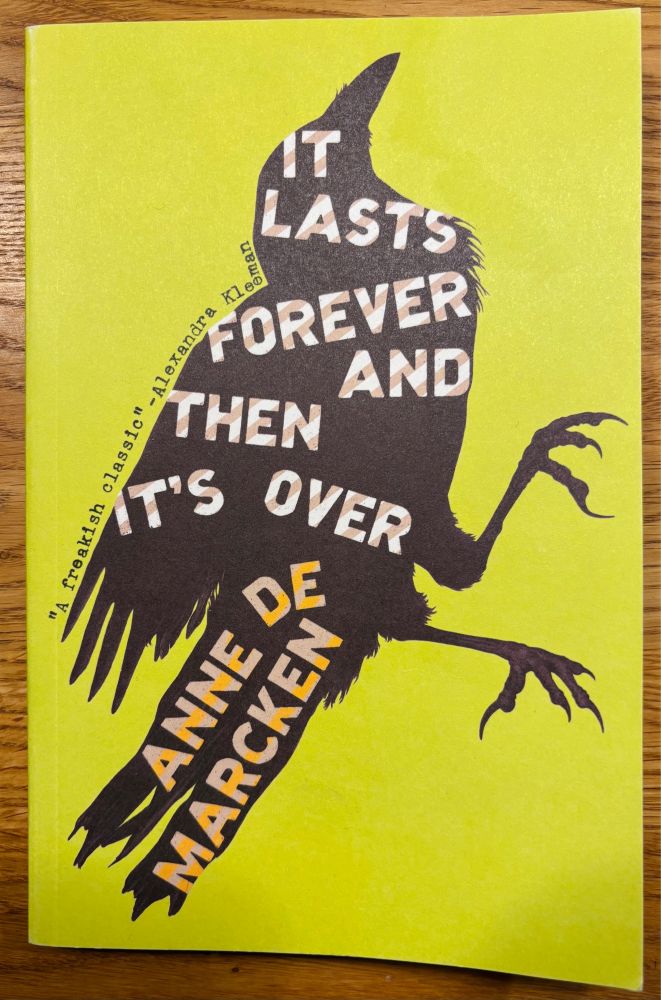 Paperback cover. Black silhouette of crow filled with book title and author name set in a geometric san serif centered on a yellow field.