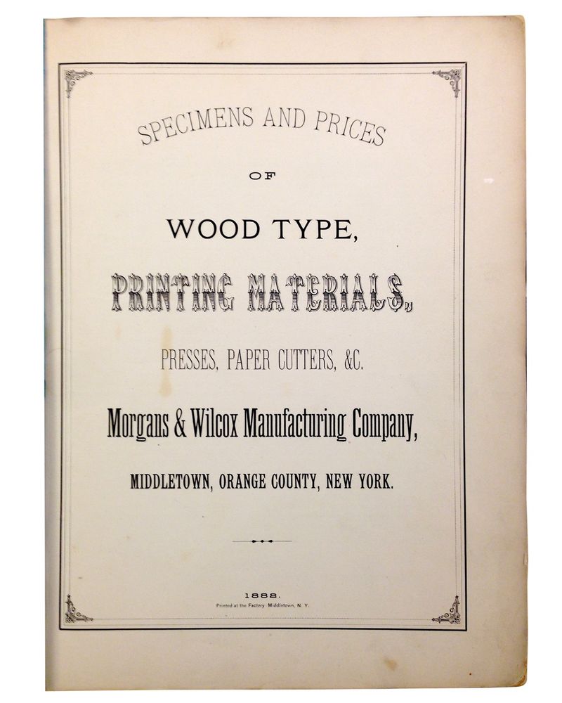 Cream color paper title page of 1882 Morgans & Wilcox specimen catalog printed in black ink, held in Cary Collection, RIT.