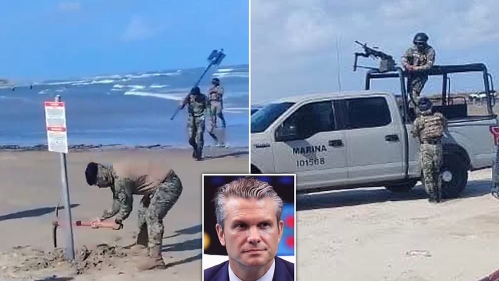 Six signs saying 'warning: restricted area' were plunged into the sand at a beach in Northeast Mexico called Playa Bagdad.